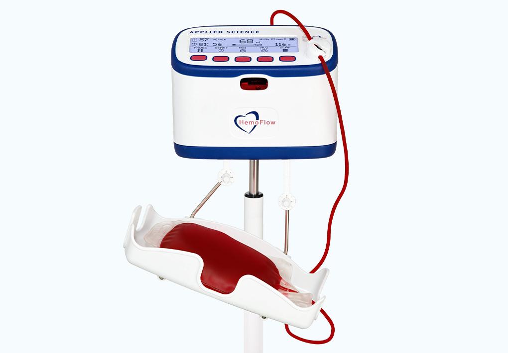 The unique suspended tray of the HemoFlow whole blood collection scale and mixer