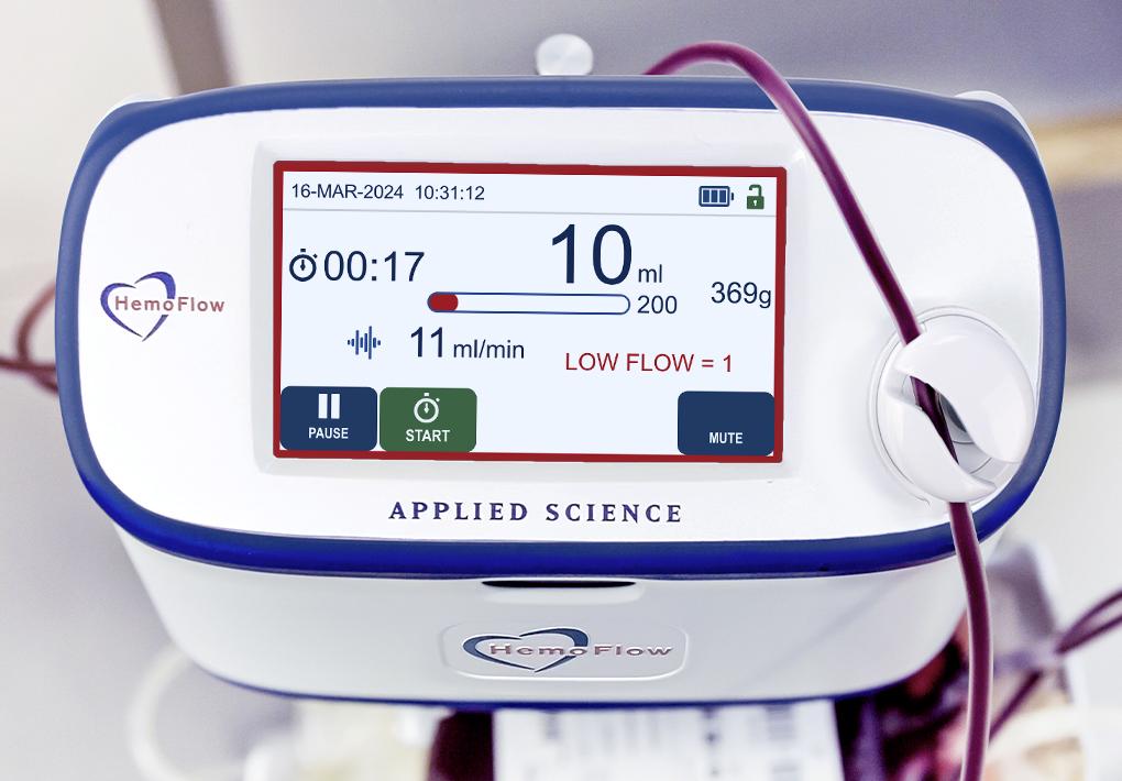 HemoFlow whole blood collection scale and mixer alert methods and real-time monitoring