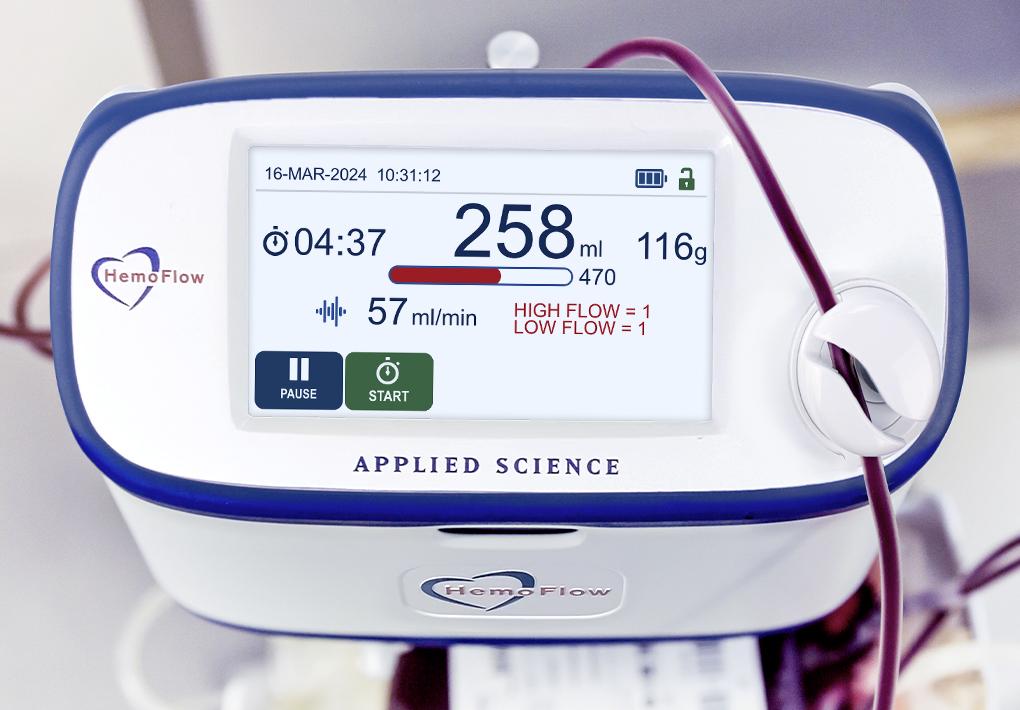 Large touchscreen display on the HemoFlow 500 whole blood collection scale and mixer